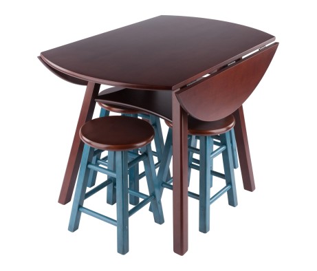 Marbelle Table 5-Pc Drop Leaf Dining Table, Walnut Finish, with 4 Element 18' Dining Stools, Walnut Rustic Teal Finish