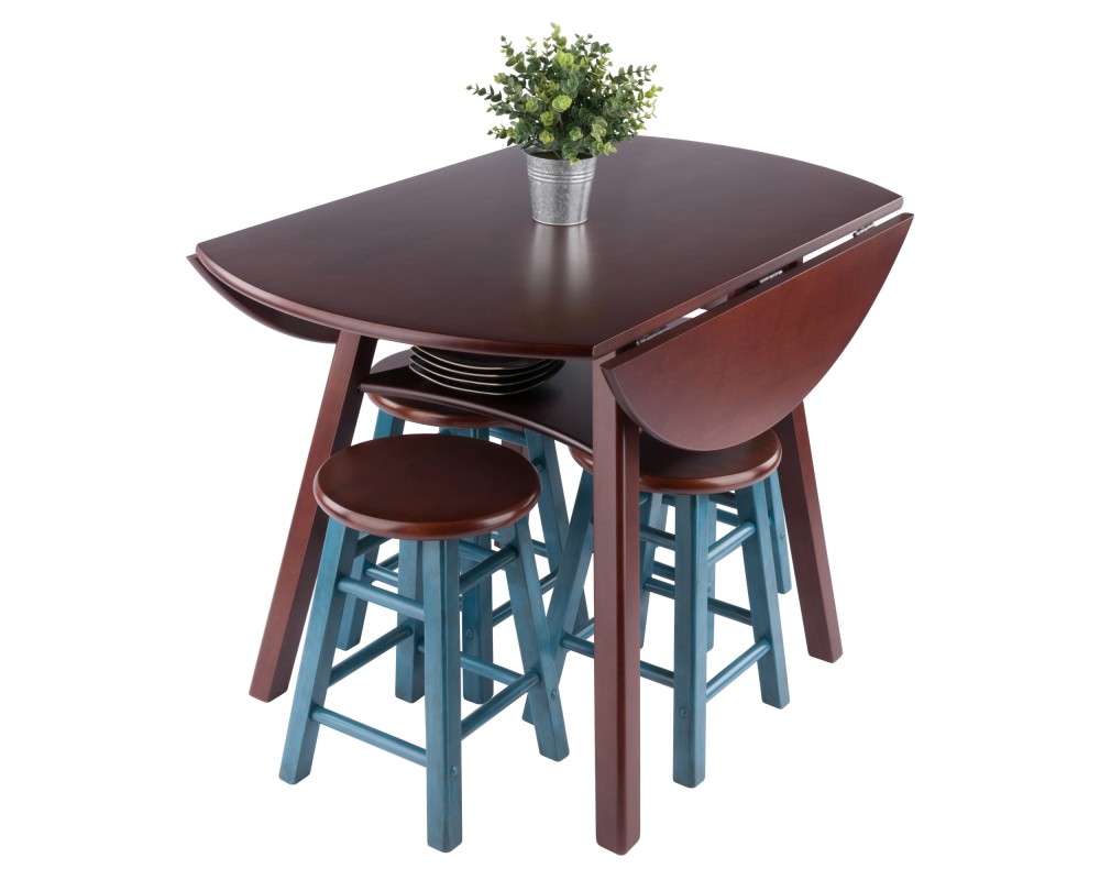 Marbelle Table 5-Pc Drop Leaf Dining Table, Walnut Finish, with 4 Element 18' Dining Stools, Walnut Rustic Teal Finish