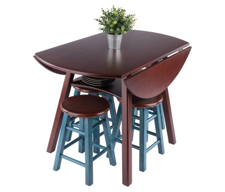 Marbelle Table 5-Pc Drop Leaf Dining Table, Walnut Finish, with 4 Element 18' Dining Stools, Walnut Rustic Teal Finish