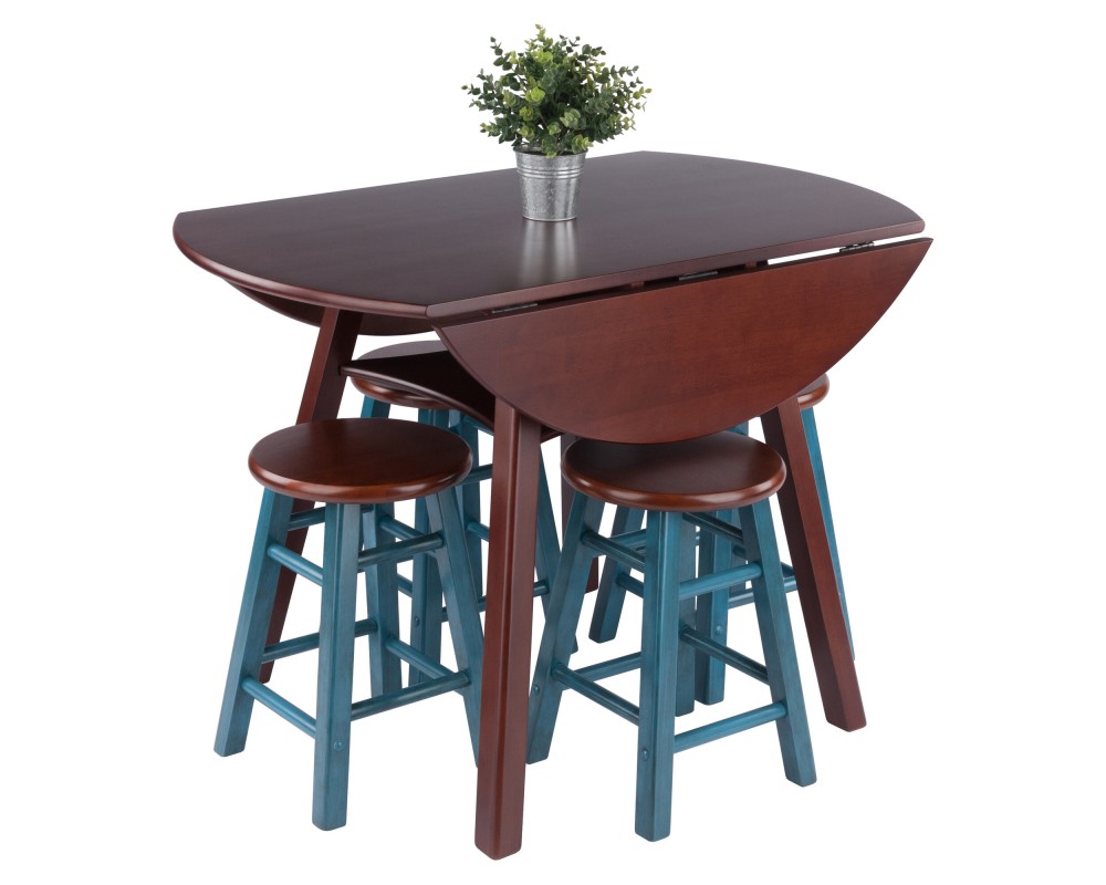 Marbelle Table 5-Pc Drop Leaf Dining Table, Walnut Finish, with 4 Element 18' Dining Stools, Walnut Rustic Teal Finish