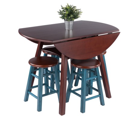 Marbelle Table 5-Pc Drop Leaf Dining Table, Walnut Finish, with 4 Element 18' Dining Stools, Walnut Rustic Teal Finish