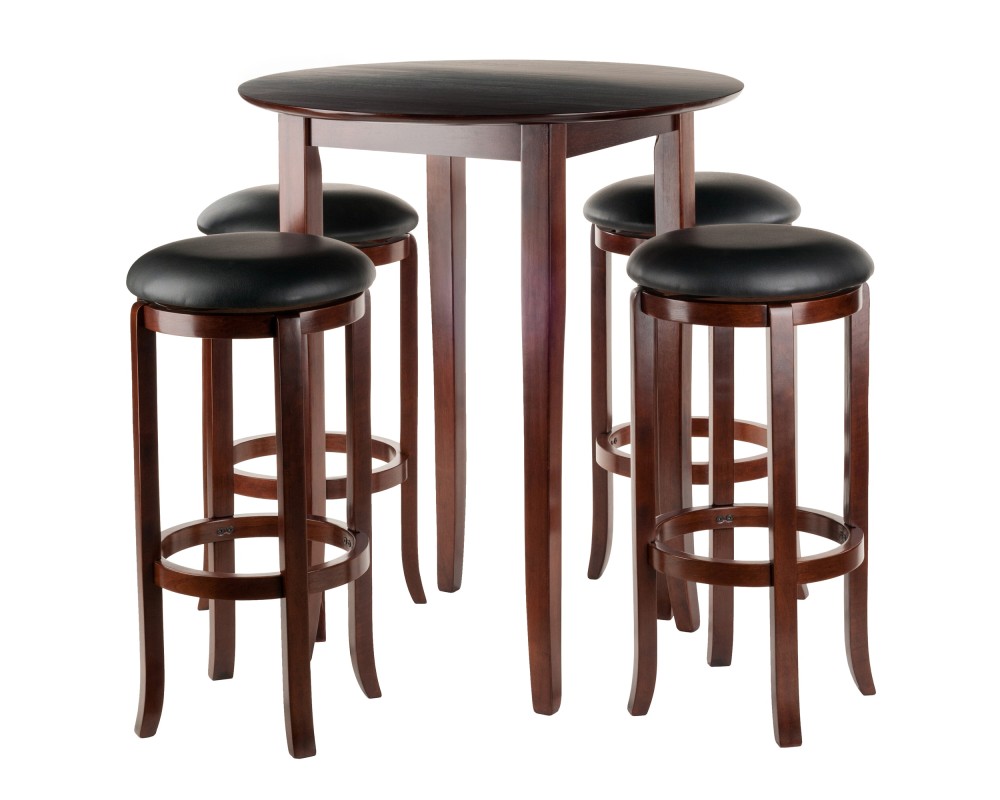 Fiona High Round Dining Table with 4 Swivel Cushion Bar Stools, 39' High, 34' Wide, Walnut and Black