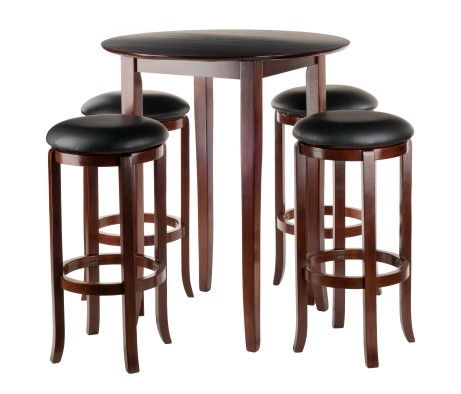 Fiona High Round Dining Table with 4 Swivel Cushion Bar Stools, 39' High, 34' Wide, Walnut and Black