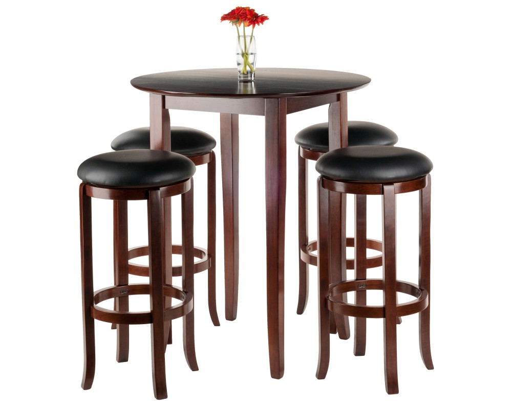 Fiona High Round Dining Table with 4 Swivel Cushion Bar Stools, 39' High, 34' Wide, Walnut and Black