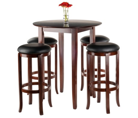 Fiona High Round Dining Table with 4 Swivel Cushion Bar Stools, 39' High, 34' Wide, Walnut and Black