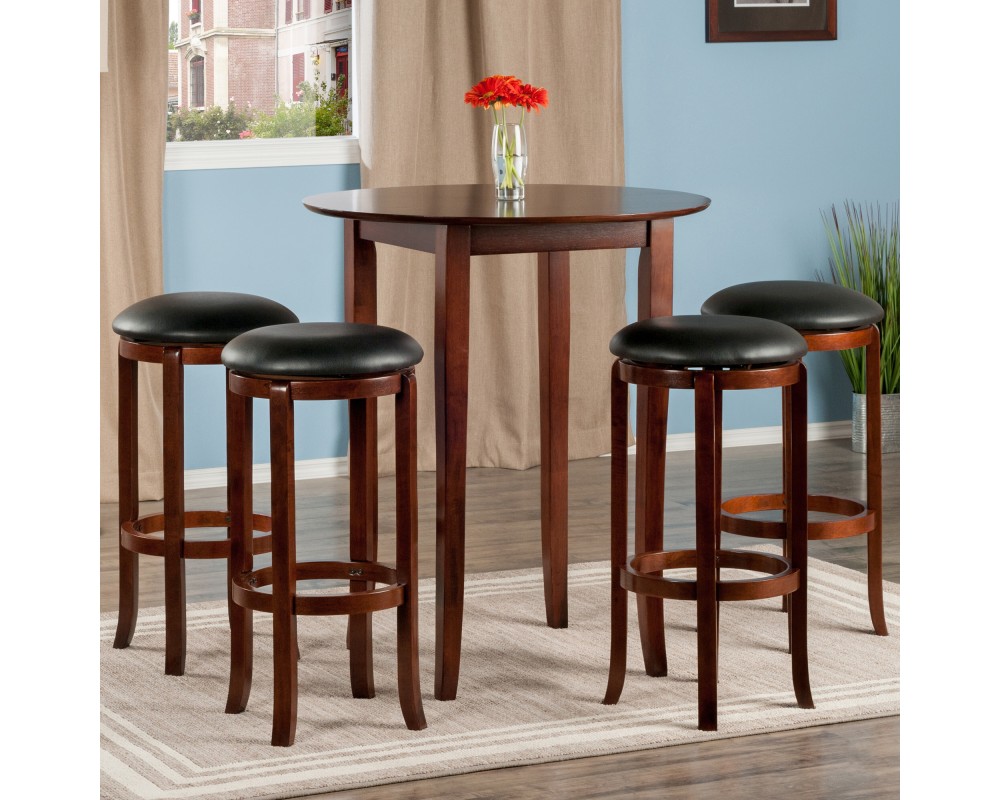 Fiona High Round Dining Table with 4 Swivel Cushion Bar Stools, 39' High, 34' Wide, Walnut and Black