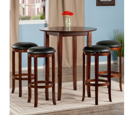 Fiona High Round Dining Table with 4 Swivel Cushion Bar Stools, 39' High, 34' Wide, Walnut and Black