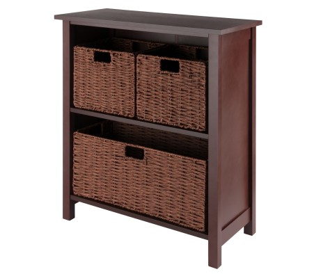 Milan 2-Tier Storage Shelf with 2 Small and 1 Large Foldable Corn Husk Baskets, 28' Wide, 30' High, Walnut