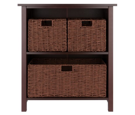 Milan 2-Tier Storage Shelf with 2 Small and 1 Large Foldable Corn Husk Baskets, 28' Wide, 30' High, Walnut
