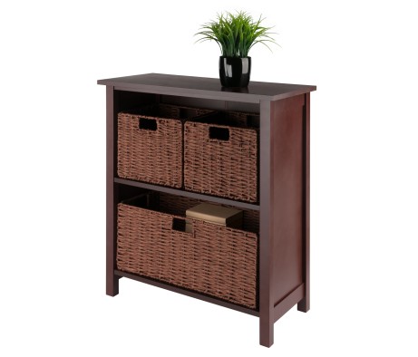 Milan 2-Tier Storage Shelf with 2 Small and 1 Large Foldable Corn Husk Baskets, 28' Wide, 30' High, Walnut