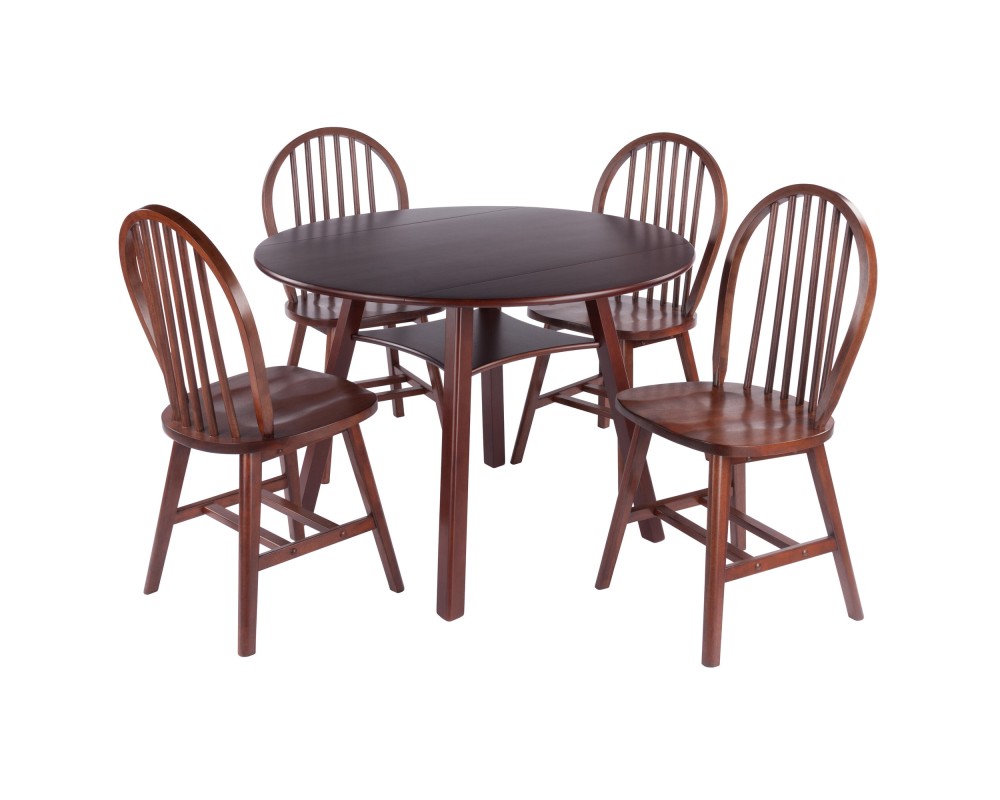 Marbelle 5-Pc Drop Leaf Dining Table with 4 Windsor Chairs, Walnut Finish