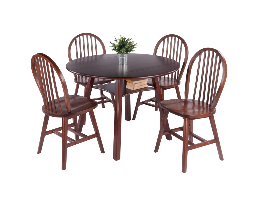 Marbelle 5-Pc Drop Leaf Dining Table with 4 Windsor Chairs, Walnut Finish