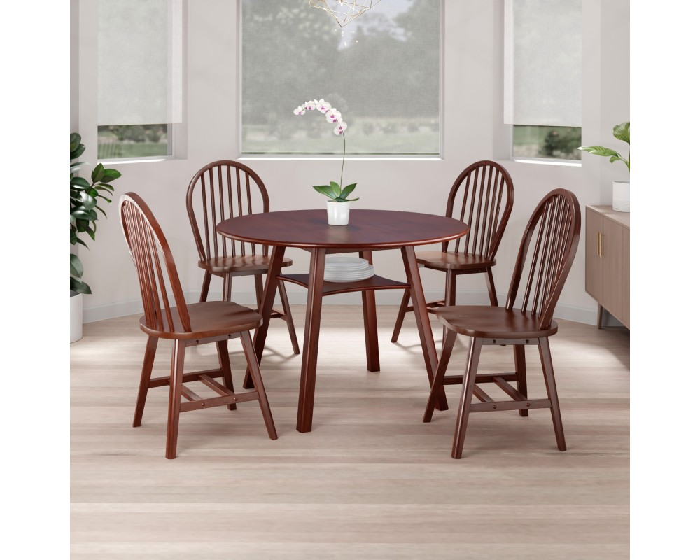 Marbelle 5-Pc Drop Leaf Dining Table with 4 Windsor Chairs, Walnut Finish