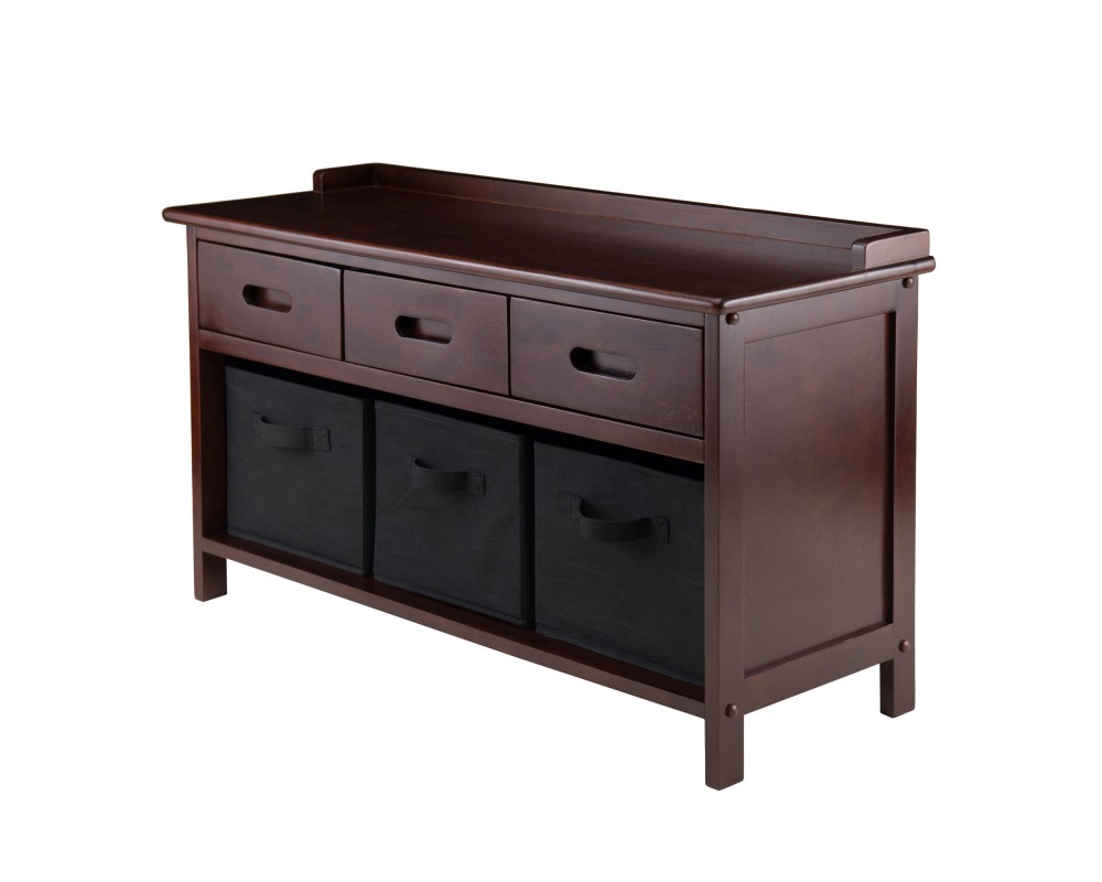 Adriana Storage Bench with 3 Drawers, 3 Fabric Baskets, 38 Wide, 22 High, Walnut and Black
