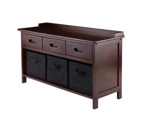 Adriana Storage Bench with 3 Drawers, 3 Fabric Baskets, 38 Wide, 22 High, Walnut and Black
