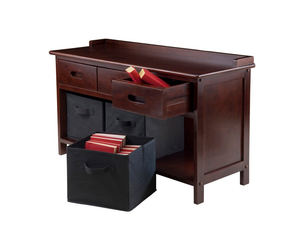 Adriana Storage Bench with 3 Drawers, 3 Fabric Baskets, 38 Wide, 22 High, Walnut and Black