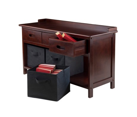 Adriana Storage Bench with 3 Drawers, 3 Fabric Baskets, 38 Wide, 22 High, Walnut and Black