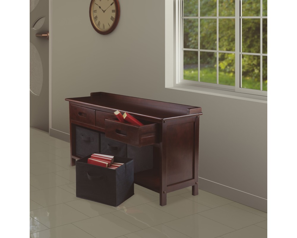 Adriana Storage Bench with 3 Drawers, 3 Fabric Baskets, 38 Wide, 22 High, Walnut and Black