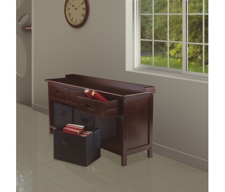 Adriana Storage Bench with 3 Drawers, 3 Fabric Baskets, 38 Wide, 22 High, Walnut and Black