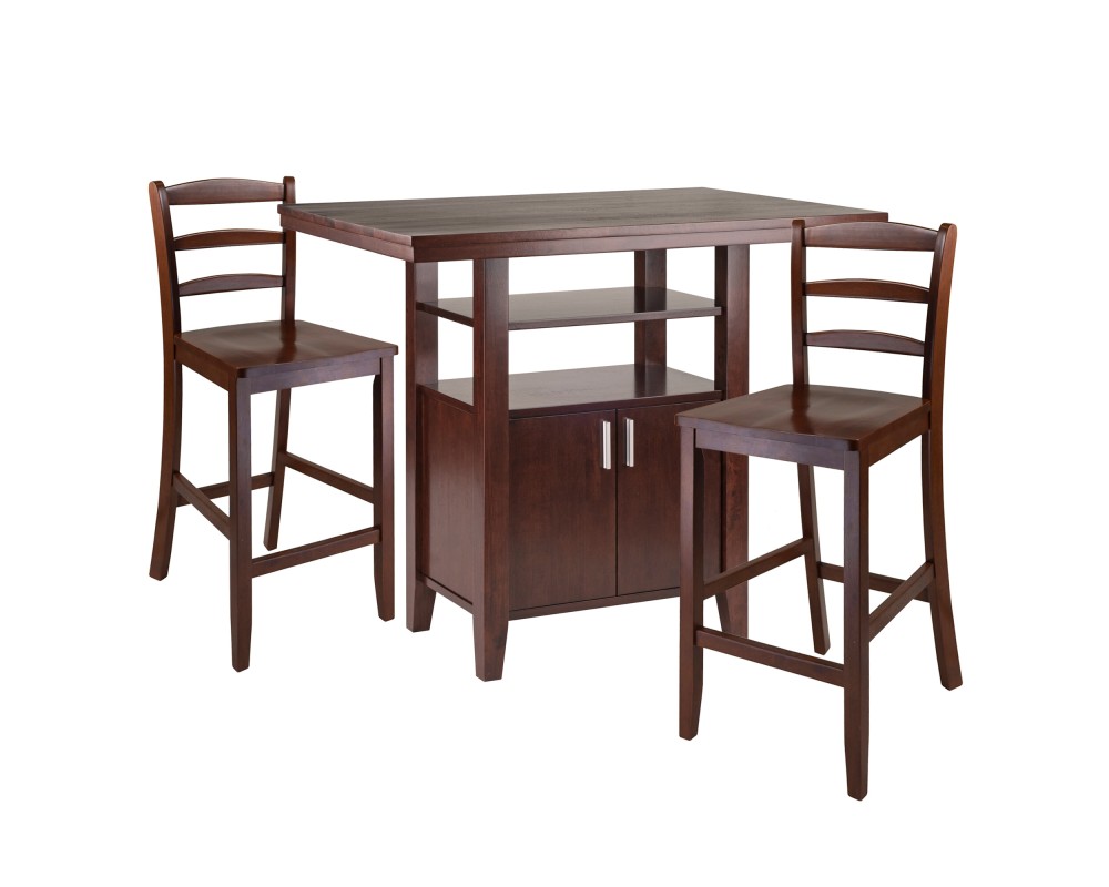 Albany High Dining Table with Built-In Storage and 2 Ladder Back Stools, 36' High, 42' Wide, Walnut