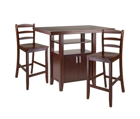 Albany High Dining Table with Built-In Storage and 2 Ladder Back Stools, 36' High, 42' Wide, Walnut