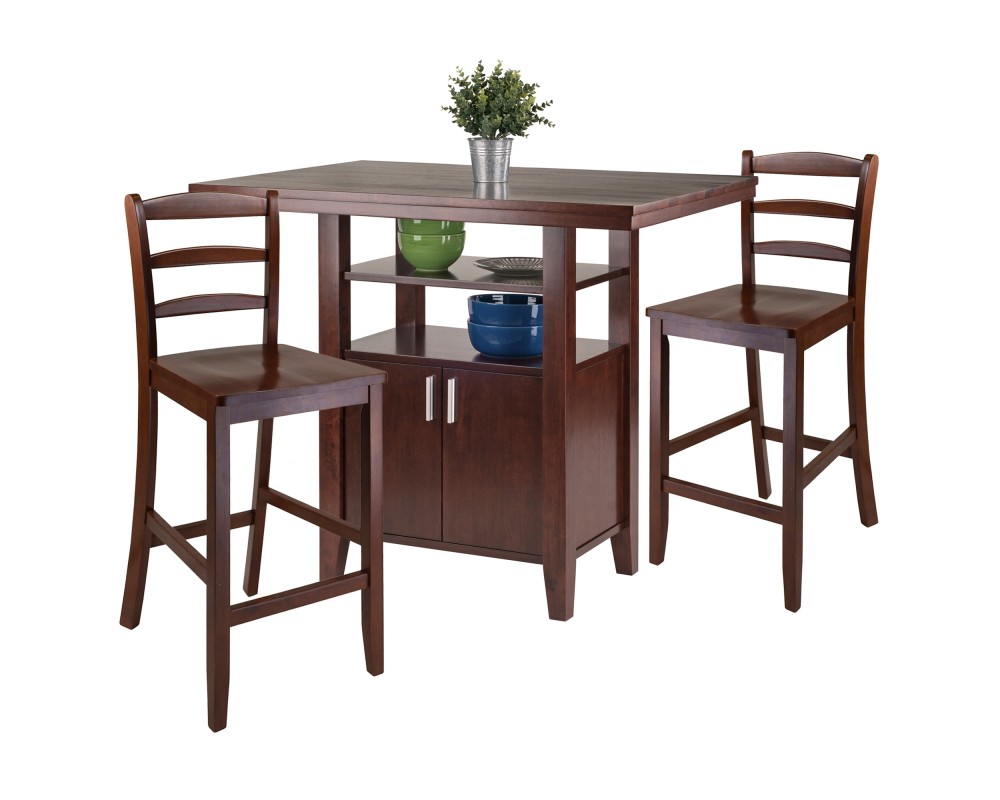 Albany High Dining Table with Built-In Storage and 2 Ladder Back Stools, 36' High, 42' Wide, Walnut