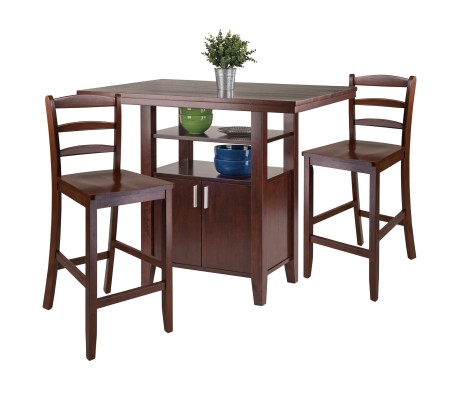 Albany High Dining Table with Built-In Storage and 2 Ladder Back Stools, 36' High, 42' Wide, Walnut