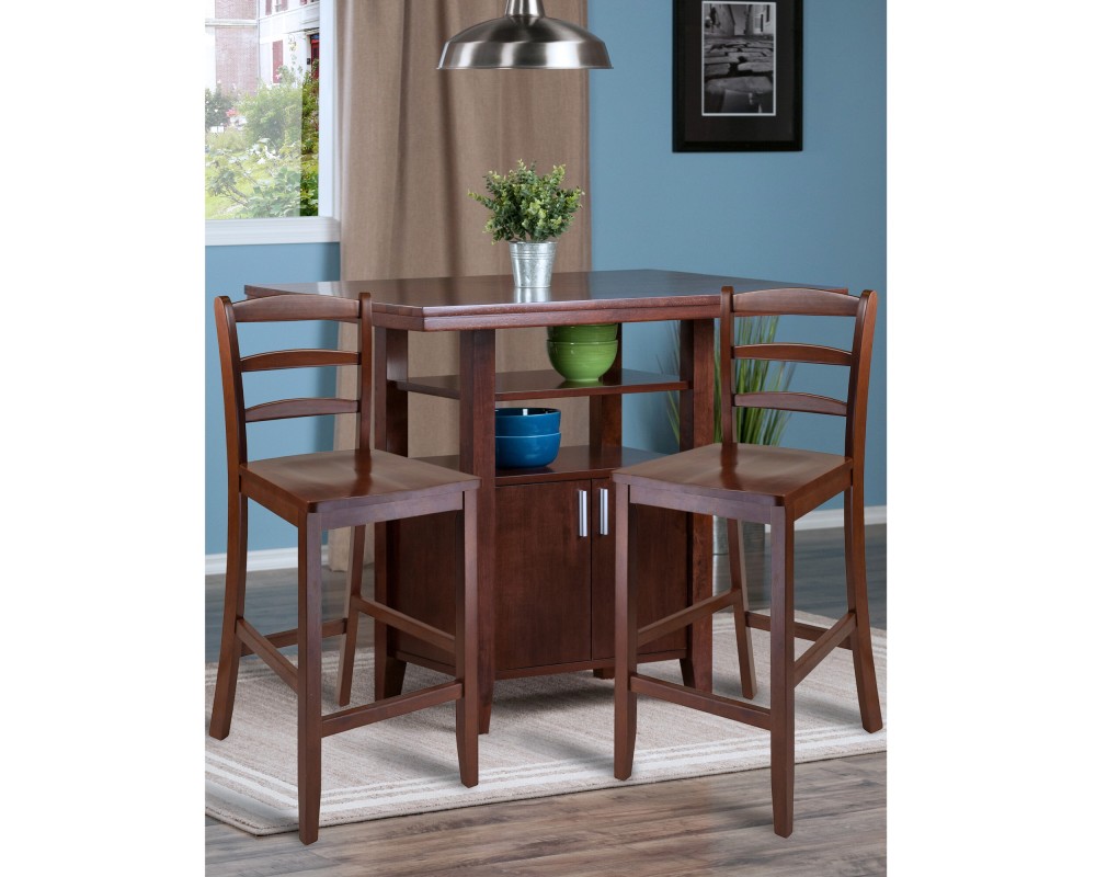 Albany High Dining Table with Built-In Storage and 2 Ladder Back Stools, 36' High, 42' Wide, Walnut