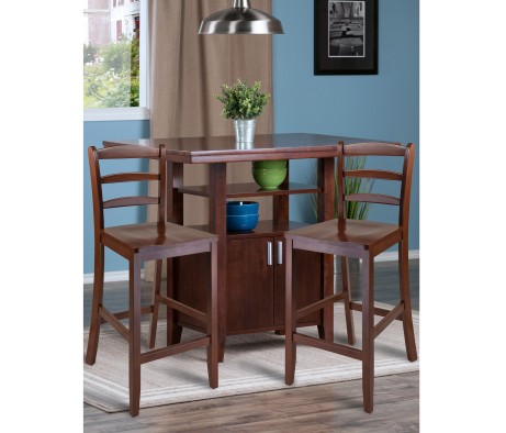 Albany High Dining Table with Built-In Storage and 2 Ladder Back Stools, 36' High, 42' Wide, Walnut