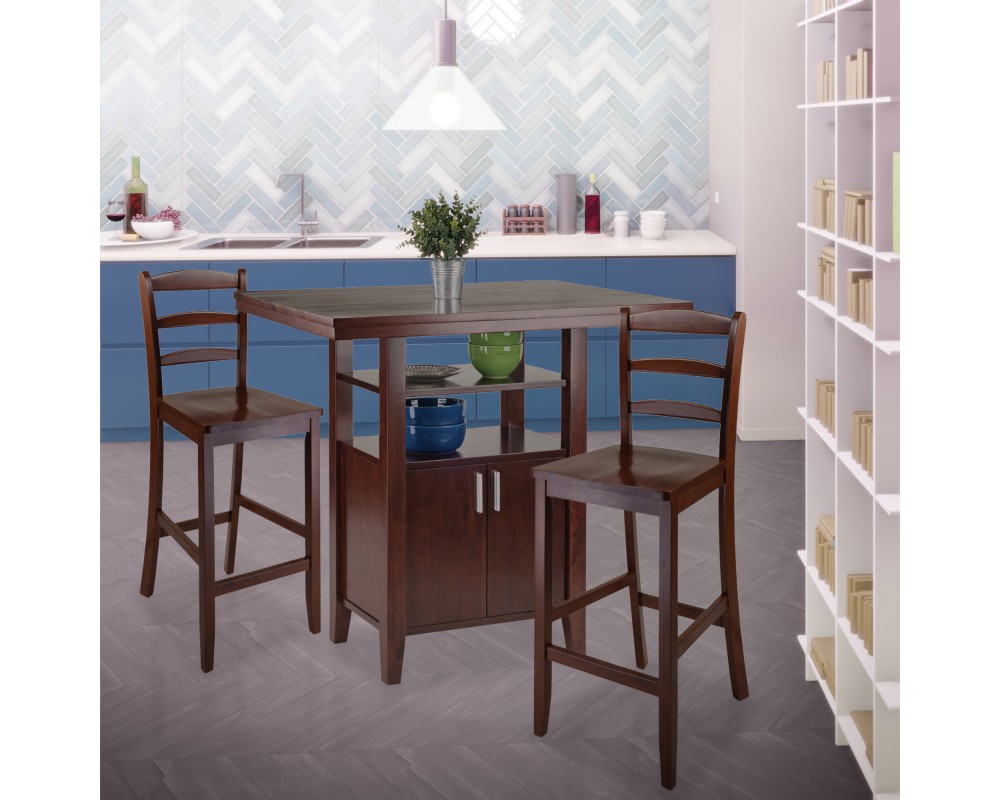 Albany High Dining Table with Built-In Storage and 2 Ladder Back Stools, 36' High, 42' Wide, Walnut