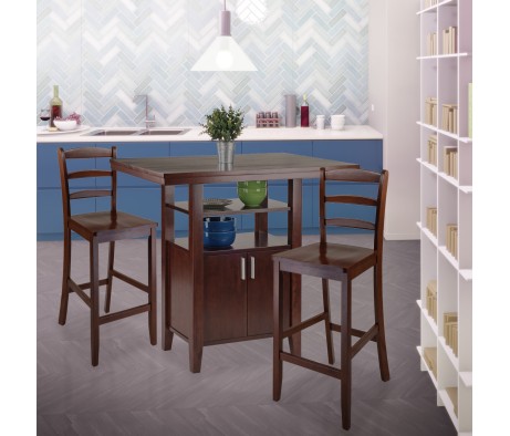 Albany High Dining Table with Built-In Storage and 2 Ladder Back Stools, 36' High, 42' Wide, Walnut