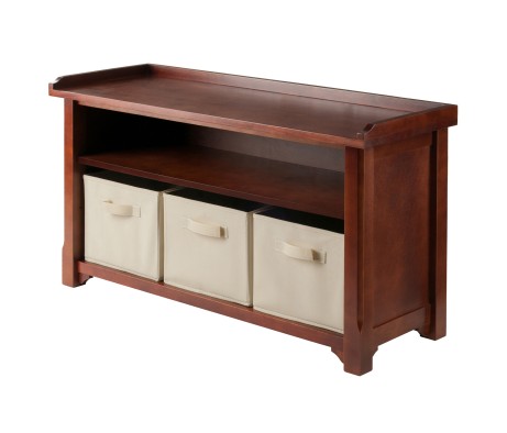 Verona 4-Pc Storage Bench with 3 Foldable Fabric Baskets, Walnut and Beige