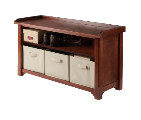 Verona 4-Pc Storage Bench with 3 Foldable Fabric Baskets, Walnut and Beige