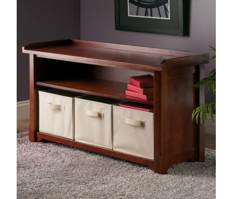 Verona 4-Pc Storage Bench with 3 Foldable Fabric Baskets, Walnut and Beige