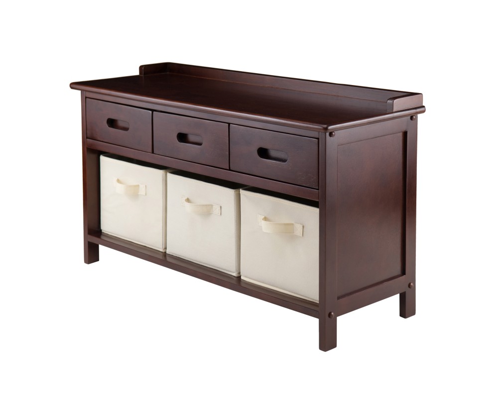 Adriana Storage Bench with 3 Drawers, 3 Fabric Baskets, 38 Wide, 22 High, Walnut and Beige