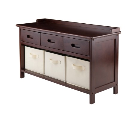 Adriana Storage Bench with 3 Drawers, 3 Fabric Baskets, 38 Wide, 22 High, Walnut and Beige