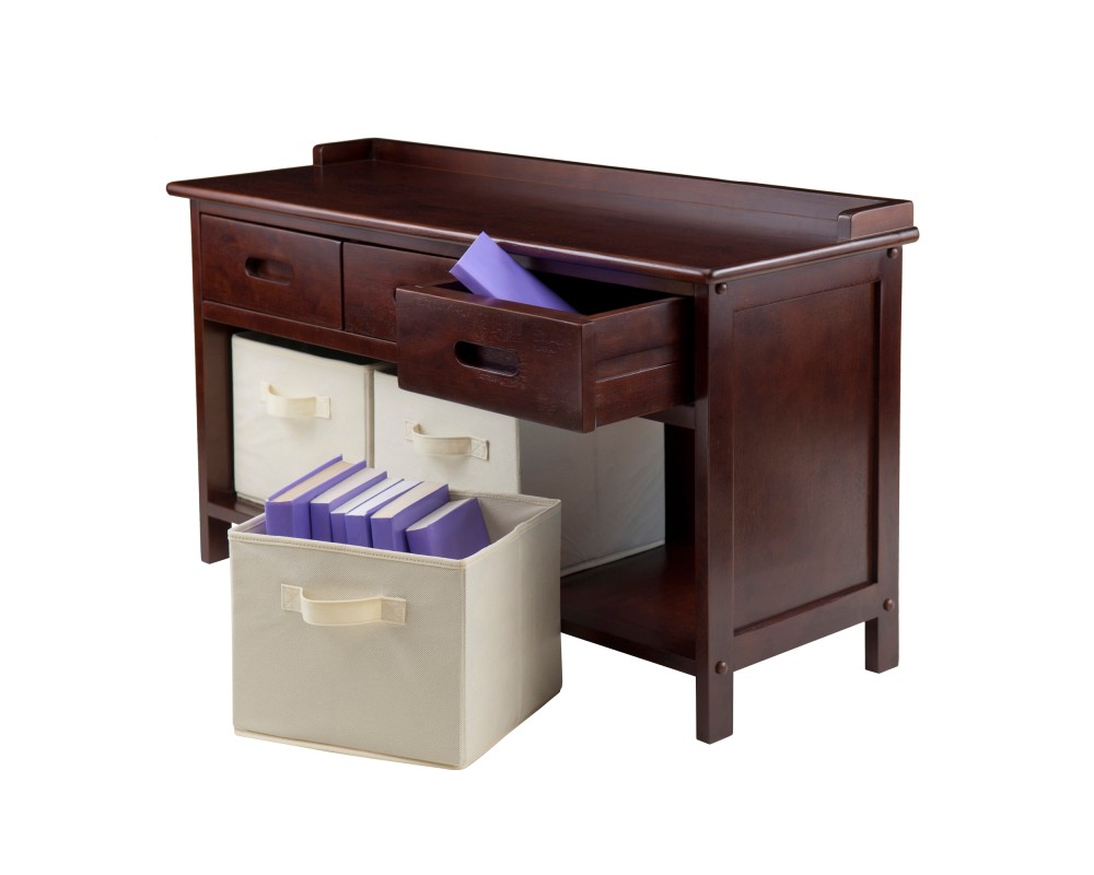 Adriana Storage Bench with 3 Drawers, 3 Fabric Baskets, 38 Wide, 22 High, Walnut and Beige