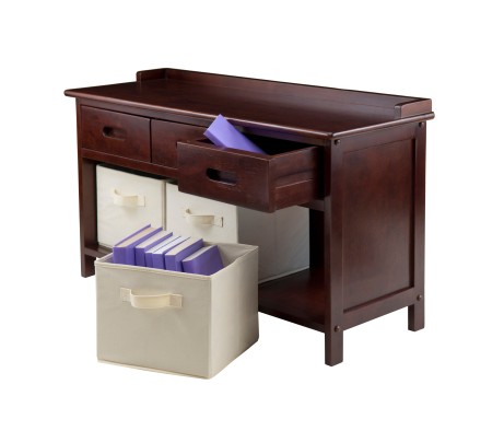 Adriana Storage Bench with 3 Drawers, 3 Fabric Baskets, 38 Wide, 22 High, Walnut and Beige