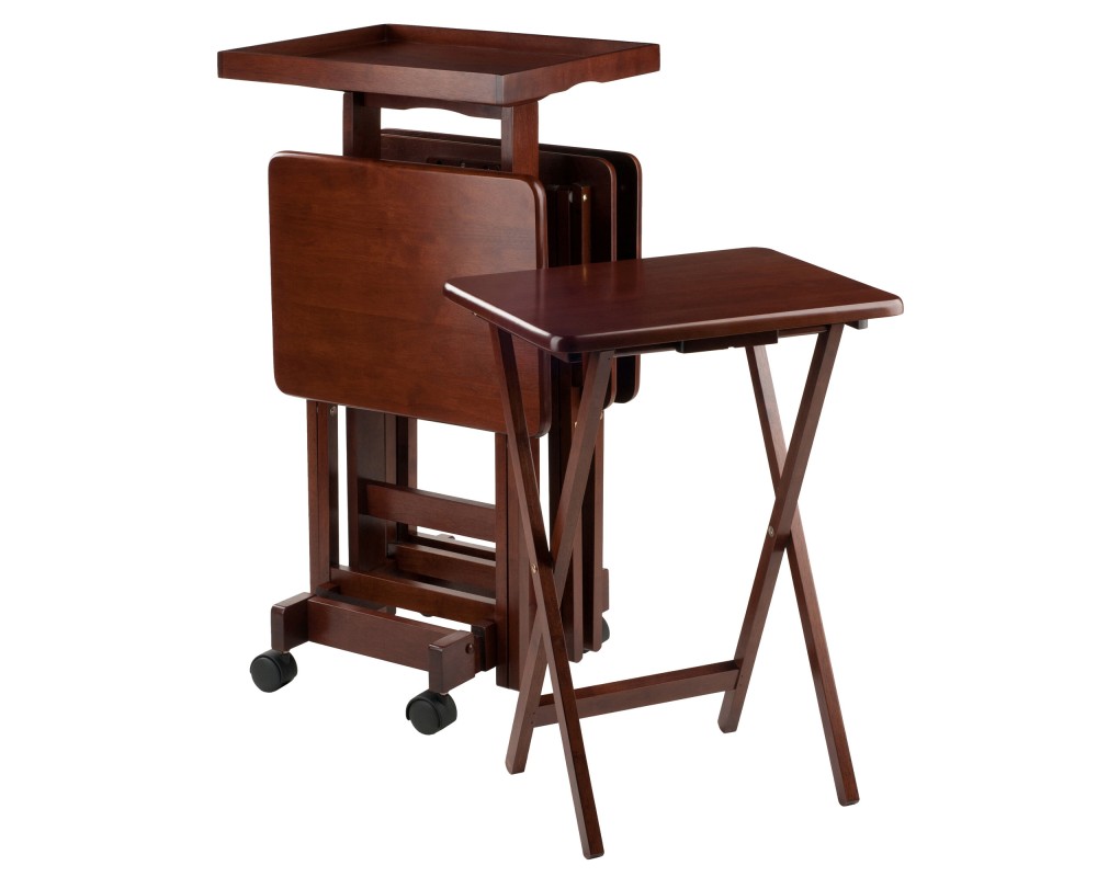 Isabelle Set of 4 Snack Tables with Mobile Stand and Removable Tray, Walnut