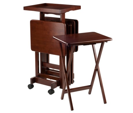 Isabelle Set of 4 Snack Tables with Mobile Stand and Removable Tray, Walnut