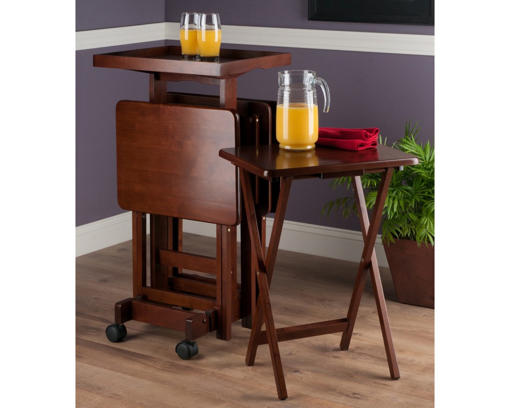 Isabelle Set of 4 Snack Tables with Mobile Stand and Removable Tray, Walnut
