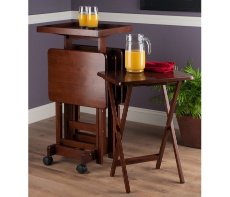Isabelle Set of 4 Snack Tables with Mobile Stand and Removable Tray, Walnut