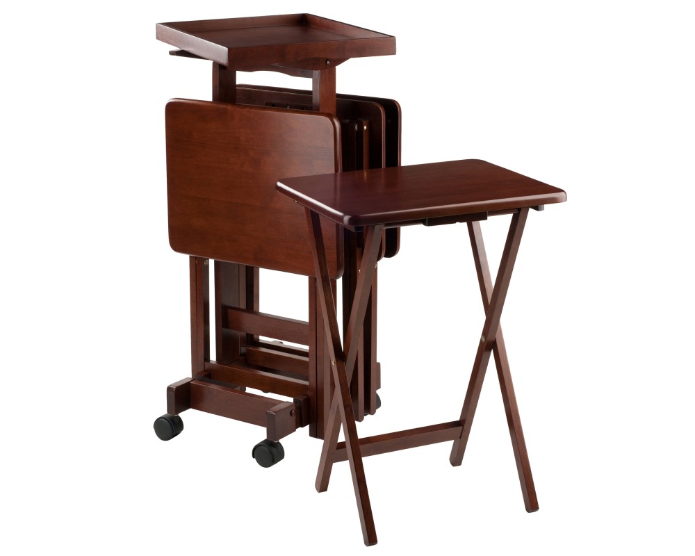 Isabelle Set of 4 Snack Tables with Mobile Stand and Removable Tray, Walnut