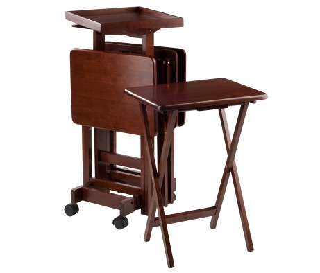 Isabelle Set of 4 Snack Tables with Mobile Stand and Removable Tray, Walnut