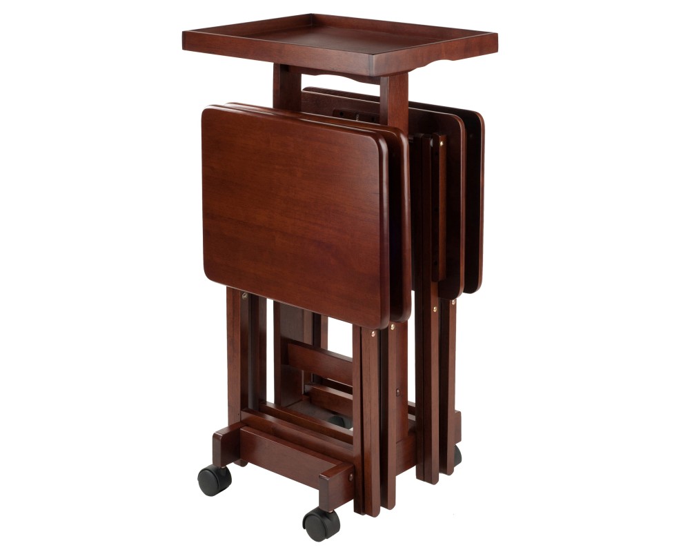 Isabelle Set of 4 Snack Tables with Mobile Stand and Removable Tray, Walnut