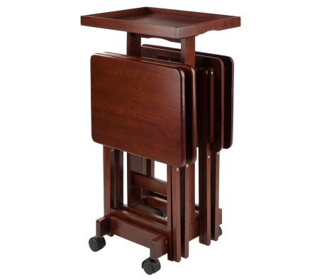 Isabelle Set of 4 Snack Tables with Mobile Stand and Removable Tray, Walnut