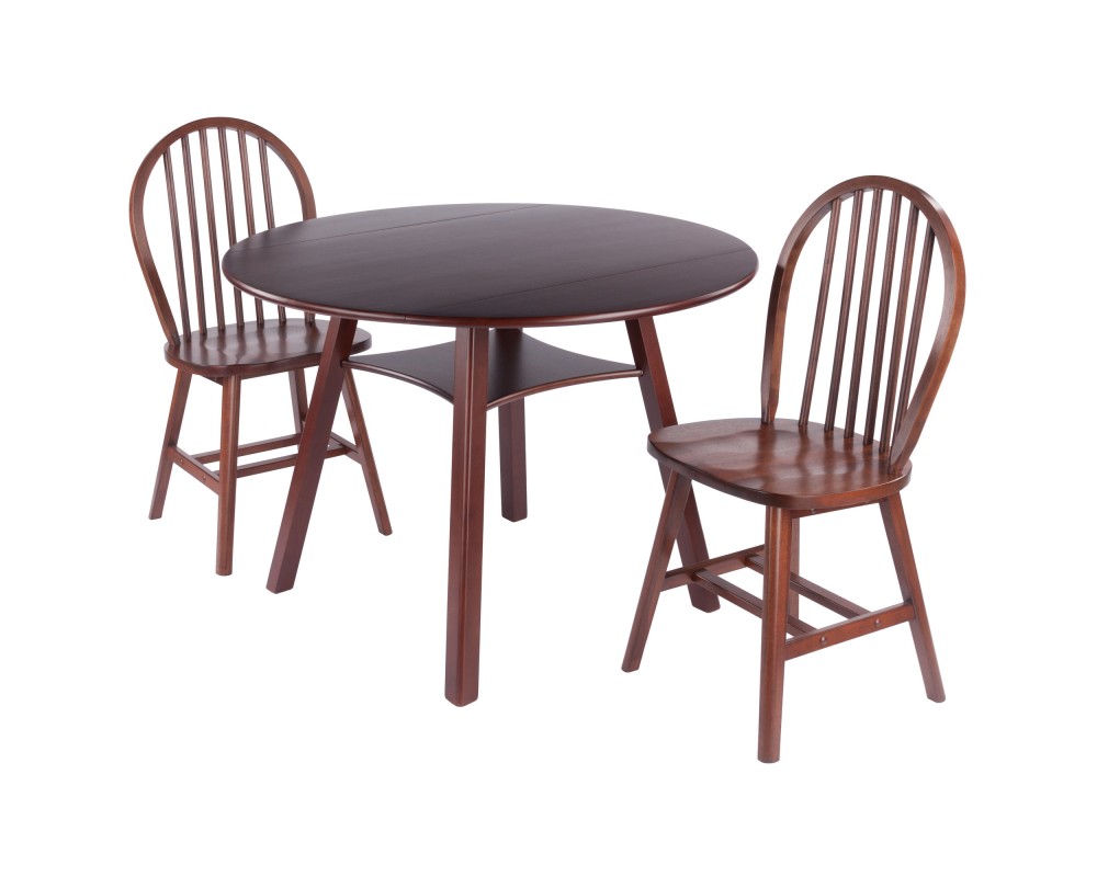 Marbelle 3-Pc Drop Leaf Dining Table with 2 Windsor Chairs, Walnut Finish