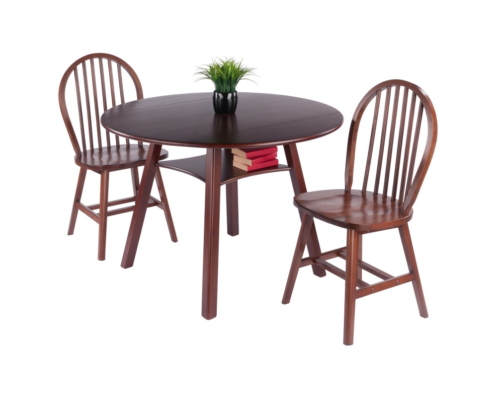 Marbelle 3-Pc Drop Leaf Dining Table with 2 Windsor Chairs, Walnut Finish