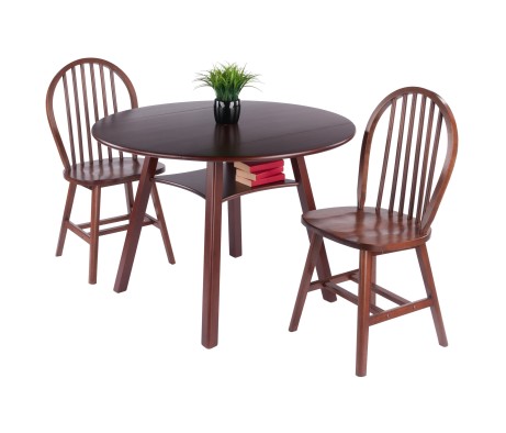 Marbelle 3-Pc Drop Leaf Dining Table with 2 Windsor Chairs, Walnut Finish