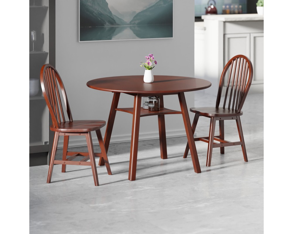 Marbelle 3-Pc Drop Leaf Dining Table with 2 Windsor Chairs, Walnut Finish